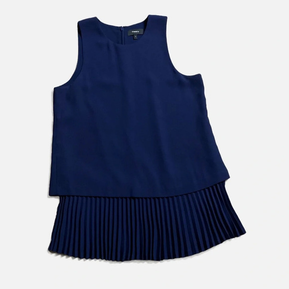 Theory Anastaza Winslow Crepe Sleeveless Pleated Tiered Blouse Top Small Blue - Picture 5 of 10
